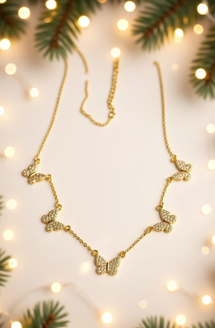 8. 925 Sterling Silver 14K Gold Plated Cubic Zircon 5 Butterfly Necklace