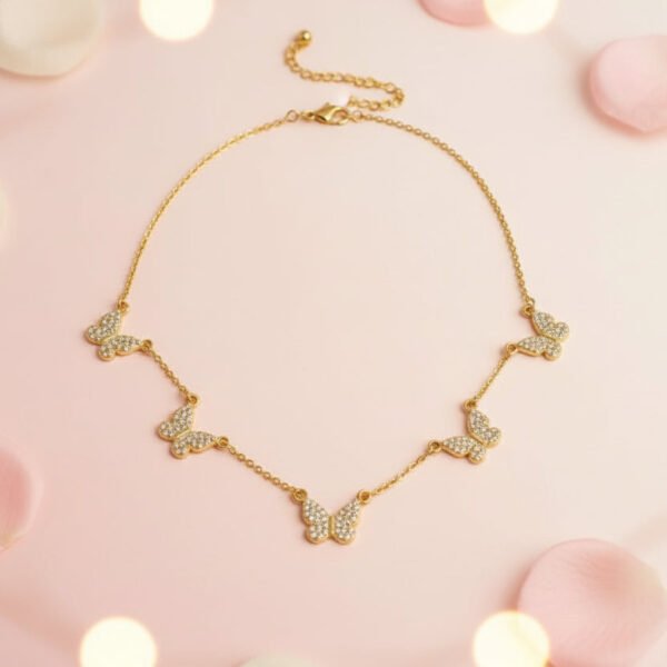 925 Sterling Silver 14K Gold Plated Cubic Zircon 5 Butterfly Necklace